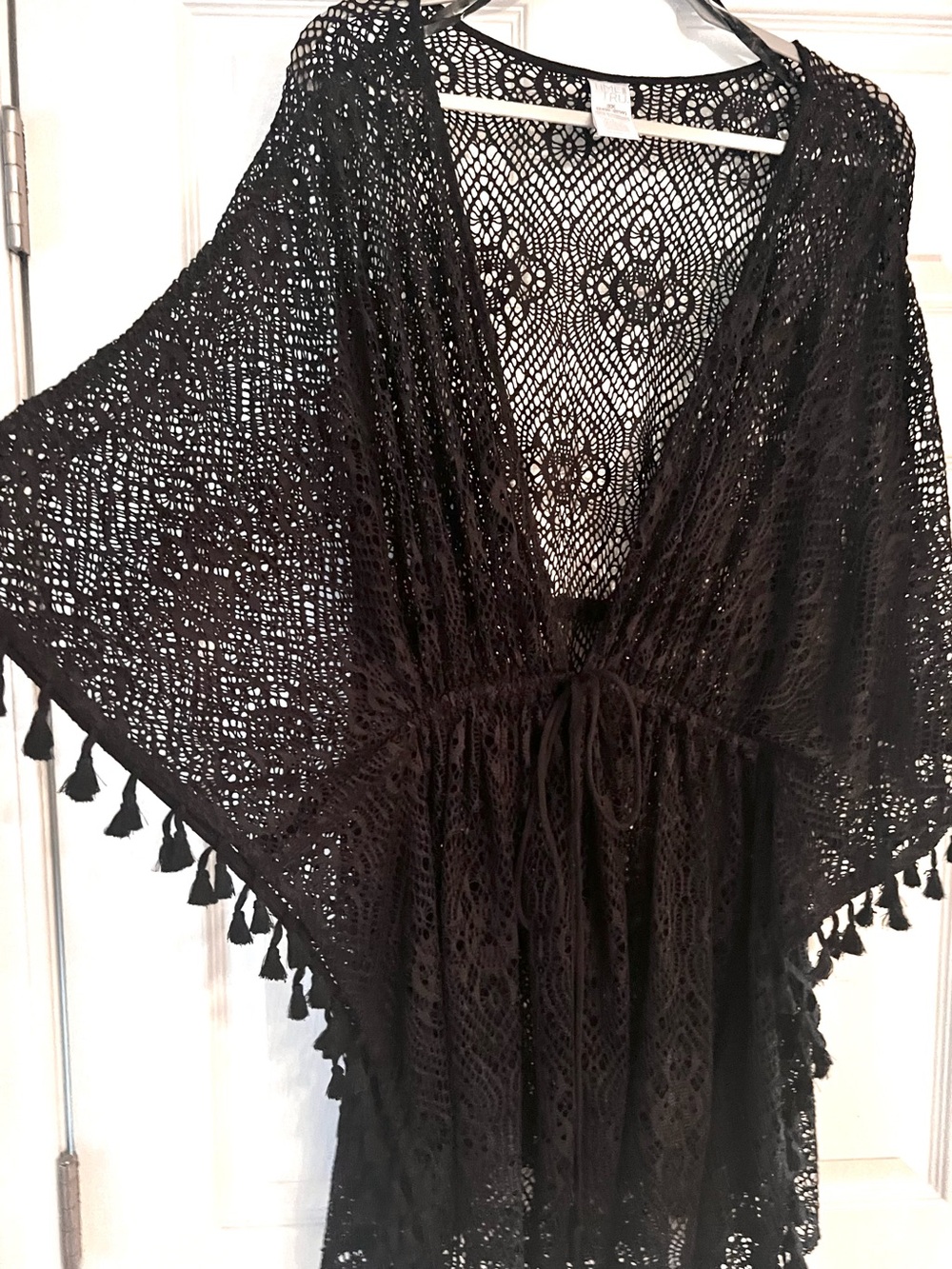 SOFT BLACK LACE CAFTAN STYLE COVER UP TIME & TRU SZ Fits L - 3X Drawstring Belt.